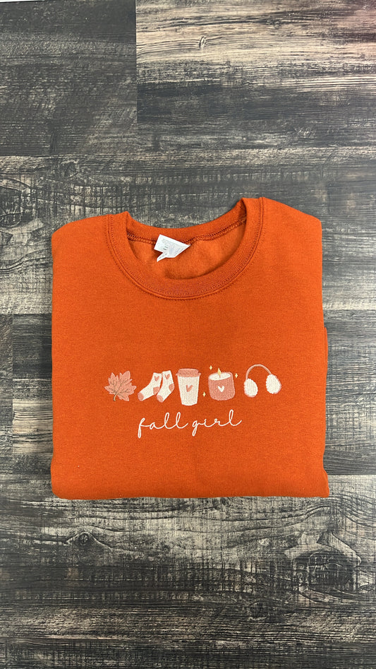 Fall Girl Embroidered Crewneck- Burnt Orange