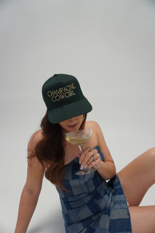 Champagne Cowgirl Embroidered Canvas Trucker Hat | Dark Green